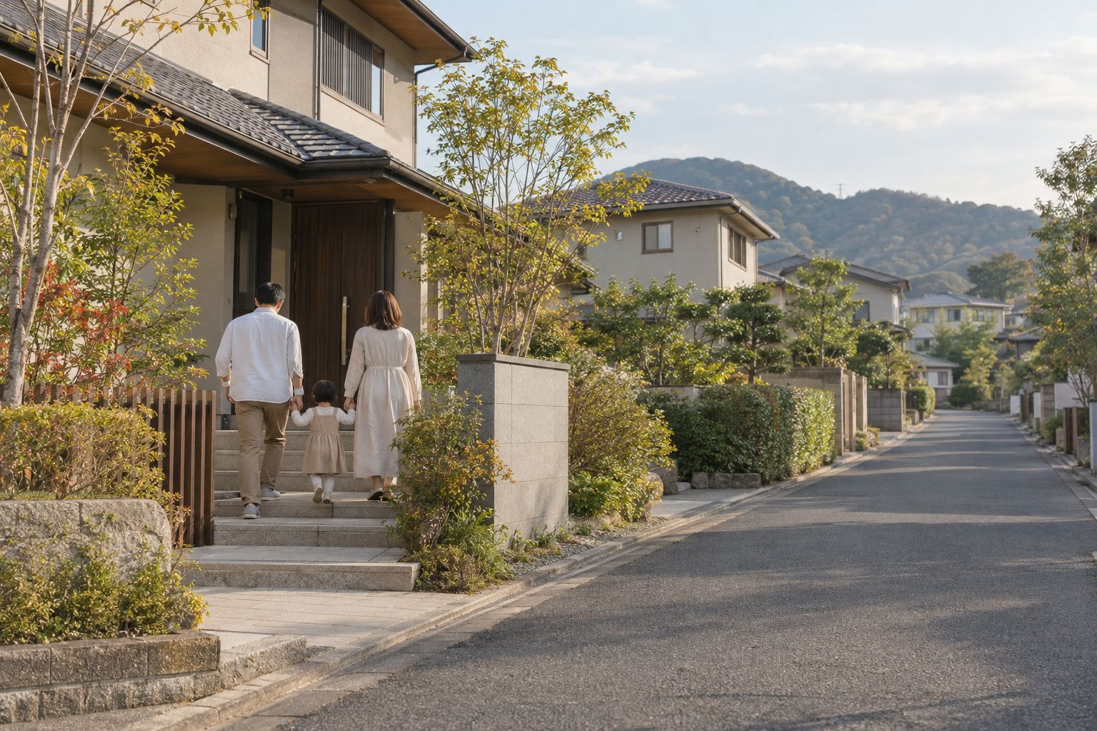 住宅地の家と、玄関へ向かう家族の後ろ姿